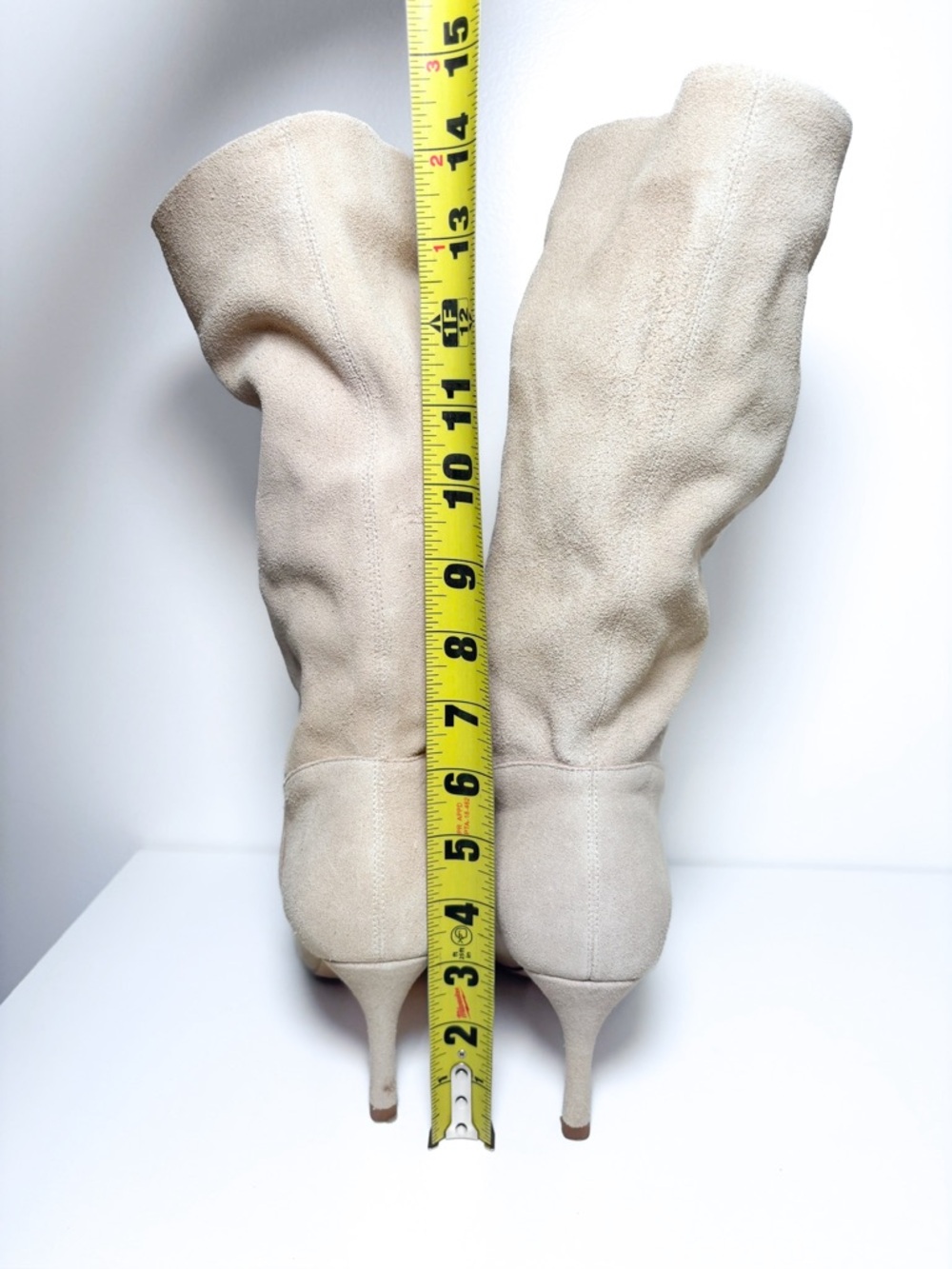 Raye Revolve Perla Nude Beige Suede Leather Heeled Slouchy Mid Calf Boots 7.5 - Picture 7 of 8